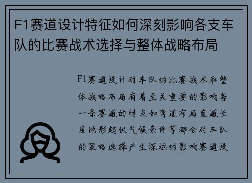 F1赛道设计特征如何深刻影响各支车队的比赛战术选择与整体战略布局